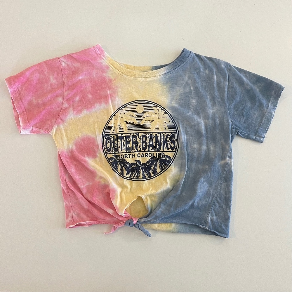 Outer Banks North Carolina Tie Dye Cropped Keyhole Tie Front T-shirt
